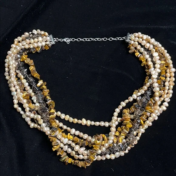 1531 Ross-Simons 7-Strand Necklace w/ Genuine Pearl, Tigers Eye and Smoky Quartz